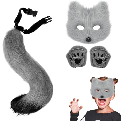 Pelzschwanz und Ohren, Wolfskostüm-Set | Katzen-Cosplay-Kostüm, realistisches Katzenschwanz- und Katzenpfotenhandschuhe-Set, Fell-Katzenschwanz-Handschuhe und -schwänze, für Kostüme von Générique