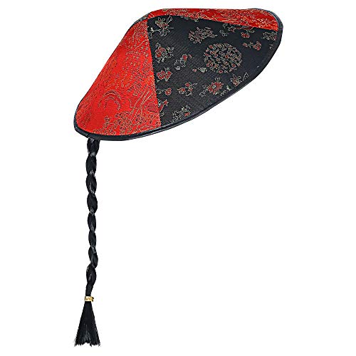 Widmann 2595C - Chinesen Hut mit Zopf, aus Satin, Schwarz/Rot, Hut, Kopfschmuck, Accessoire, Mottoparty, Karneval von W WIDMANN MILANO Party Fashion