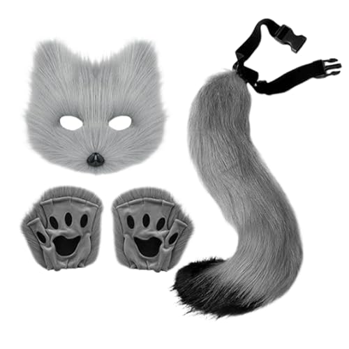 Wolf Cosplay Kostüm Set, Wolf Cosplay Gefälschte Wolf Maskerade Kostüm Cosplay Kostüm Katzenschwanz Lustiges Tier Maskerade Kostüm Falscher Wolf Pelz für Party Kostüm von Générique