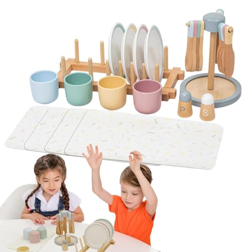 Wooden Kitchen Playset, kleine Größe, enthält Teller und Schüsseln, 25,8 x 16,2 x 8,3 cm, ideal für Preschool-Aktivitäten, geeignet für und Mädchen über 3 Jahre alt von Générique