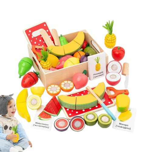 Wooden Play Food Set, Buntes Obst und Veggies Cutting Set, Holzpädagogisches Lernspielzeug, Lernspielzeug Flashcard, Play Kitchen Accessories für Zuhause, Schule Interaktive Spielzeit für Kinder von Générique