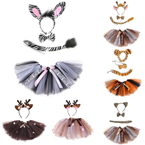 1 Stück/2 Stück/4 Stück Karneval Faschingskostüm Tierkostüm, Karneval Ohren Stirnband Karneval Langschwanz Fliege Karneval Pfote Handschuhe Prinzessin Tutu Tiere Cosplay für Mädchen Kinder Halloween von Generisch