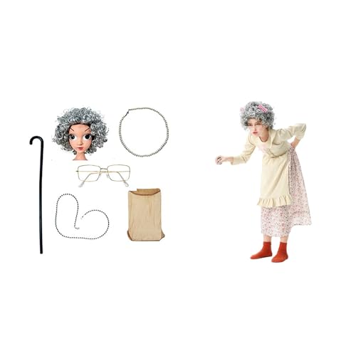 10 Stück Old Lady Kostüm Großmutter Cosplay Zubehör Set für Mädchen, Oma Perücke Kappe Perücke Kittelschürze Kostüm Set Oma Brillen Ketten Armband Perlenkette, Alte Dame Cosplay Set Kostümzubehör von Generisch