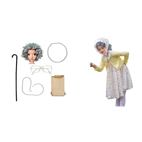 10 Stück Old Lady Kostüm Großmutter Cosplay Zubehör Set für Mädchen, Oma Perücke Kappe Perücke Kittelschürze Kostüm Set Oma Brillen Ketten Armband Perlenkette, Alte Dame Cosplay Set Kostümzubehör von Generisch