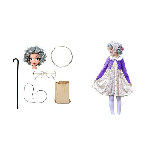 10 Stück Old Lady Kostüm Großmutter Cosplay Zubehör Set für Mädchen, Oma Perücke Kappe Perücke Kittelschürze Kostüm Set Oma Brillen Ketten Armband Perlenkette, Alte Dame Cosplay Set Kostümzubehör von Generisch