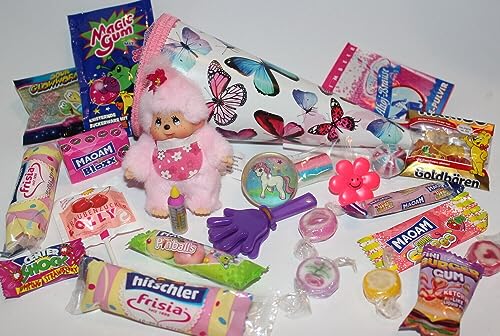 101660 gefüllte Schultüte 22cm mit Monchhichi Kirsch Rosa und Füllung Schulanfang Kita Studium Ausbildung von Generisch