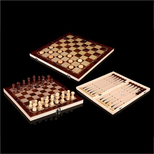 3-in-1-Schachbrett, faltbares tragbares Schachbrett aus Holz, für Erwachsene (Schach + Dame und Backgammon) (24 cm) von Generisch