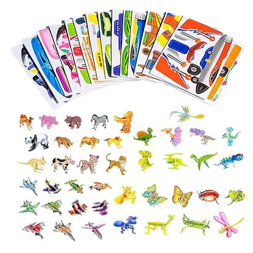 3D-Cartoon-Puzzle für Kinder, pädagogisch wertvolles 3D-Cartoon-Puzzle, Pädagogisches 3D-Papierpuzzle, Reisespiel Cartoon Dinosaurier Tiere Flugzeuge Papierpuzzles, 100 Stück 3D-Lernpuzzlespielzeug fü von Generisch