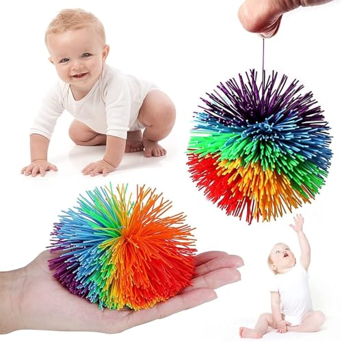 4 Stück Stringy Balls Bunt Softball Sensory Fidget Toys, Weiche Weiche Regenbogen Pom Bouncy Stress Balls mit Schnur, Silikon Sensorik Bälle Wuschelball für Kinders Familienspiele Freundesspiele von Generisch