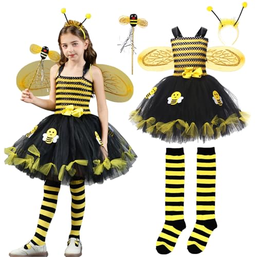 4 Teiliges Bienenkostüm für Kinder süßes Hummelkostüm mit Flügeln für Mädchen Halloween Tier Cosplay Prinzessinnen Kleid Set (L) von Generisch