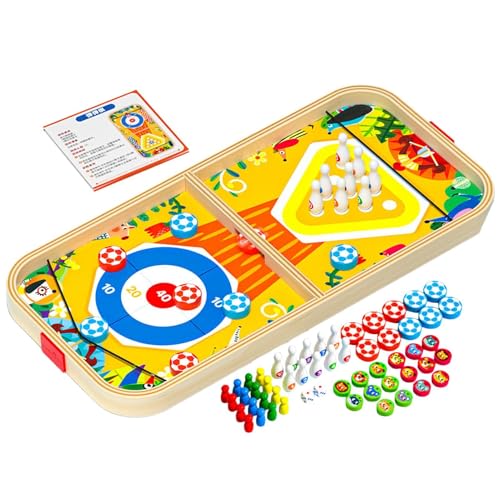 5-in-1 Holzspielspiele Set - Schneller Sling-Puck, Bowling, Schachbrett und mehr - tragbare Reisespiele für Kinder und Erwachsene Familienspiele für 3+ Jahre alt von Generisch