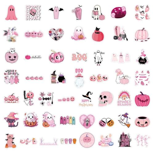 52 Stück Halloween-Aufkleber, Wasserflaschen-Aufkleber, Vinyl-Aufkleber für Laptops, Skateboards, Telefon, Aufkleberpackung für Teenager und Mädchen, Gartendeko Türdeko Decoration (Pink, One Size) von Generisch