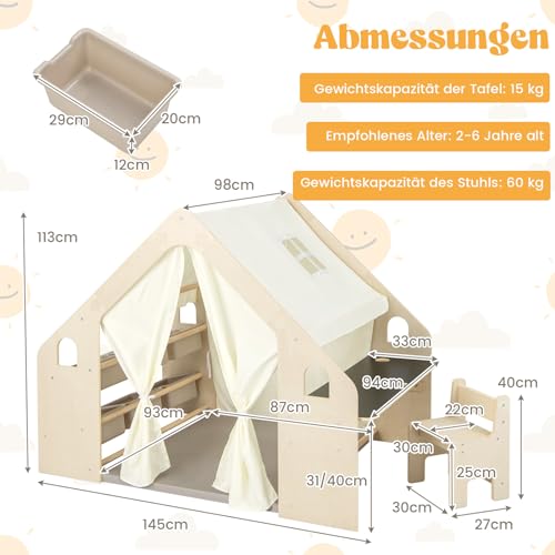 6-IN-1 Spielzelt Holz mit Kindertisch & Stuhl & Kinderregal, Kinderspielhaus mit Matte | Tafel | Aufbewahrungsboxen | Kreidebox, Kinderzelt Spielhaus Indoor für Kinder ab 2 Jahren(Mit 6 Boxen) von Generisch