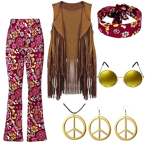 6 Stück 60er 70er Jahre Hippie Kostüm Disco Outfits Fransenweste Boho Schlaghosen Frieden Zubehör Set Halloween für Frauen Karnevalskostüm FaschingskostüMe Damen Lustig KostüM Erwachsene Damen von Generisch