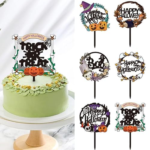 6 Stück Halloween Happy Birthday Kuchenaufsatz Halloween Schloss Kuchen Topper Dessert Acryl Dekoration Hexe Geist Kürbis Spinne Party Supplies Kuchen Topper Dessert Werkzeuge von Generisch