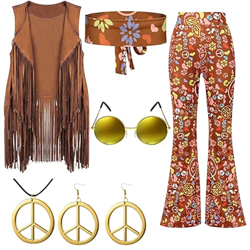 6 Stück Hippie Kostüm Damen Set, 60er 70er Kleid Hippie Kleidung Frauen, 70er Jahre Bekleidung Damen, Hippie Kostüm Damen Accessoires für Halloween Karneval Cosplay Disco KostüM Damen Disco Outfit von Generisch