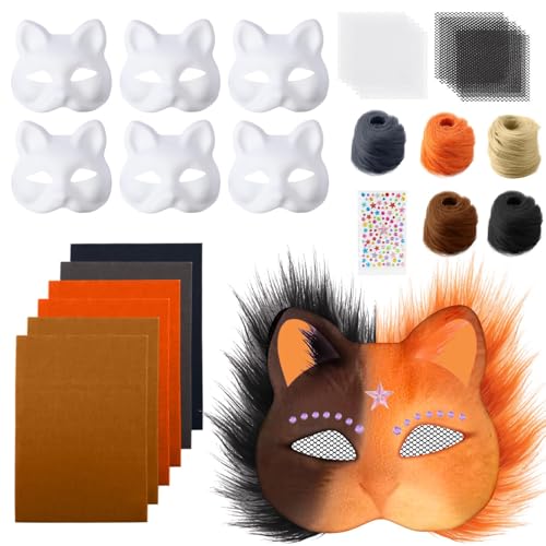 6 Stück Katzenmaske, Tier Katze Maske DIY Set Katzenmasken, Maske Kunsthandwerk Kit, DIY Blank Gesicht Maske Kostüm für Maskerade, Schminke Karneval, Maskenball von Generisch