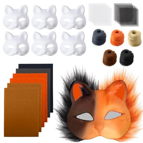 6 Stück Katzenmaske, Tier Katze Maske DIY Set Katzenmasken, Maske Kunsthandwerk Kit, DIY Blank Gesicht Maske Kostüm für Maskerade, Schminke Karneval, Maskenball von Generisch