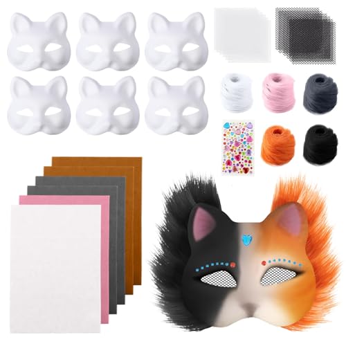 6 Stück Katzenmaske, Tier Katze Maske DIY Set Katzenmasken, Maske Kunsthandwerk Kit, DIY Blank Gesicht Maske Kostüm für Maskerade, Schminke Karneval, Maskenball von Generisch