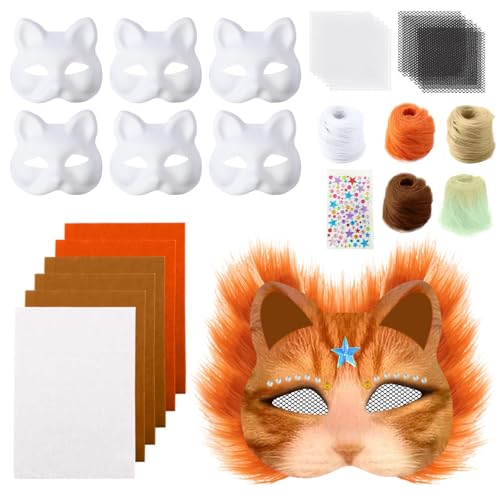 6 Stück Katzenmaske, Tier Katze Maske DIY Set Katzenmasken, Maske Kunsthandwerk Kit, DIY Blank Gesicht Maske Kostüm für Maskerade, Schminke Karneval, Maskenball von Generisch