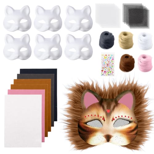 6 Stück Katzenmaske, Tier Katze Maske DIY Set Katzenmasken, Maske Kunsthandwerk Kit, DIY Blank Gesicht Maske Kostüm für Maskerade, Schminke Karneval, Maskenball von Generisch