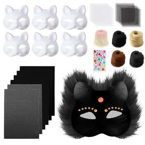 6 Stück Katzenmaske, Tier Katze Maske DIY Set Katzenmasken, Maske Kunsthandwerk Kit, DIY Blank Gesicht Maske Kostüm für Maskerade, Schminke Karneval, Maskenball von Generisch