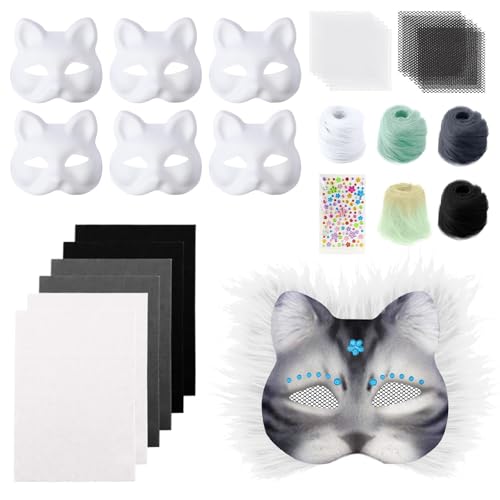 6 Stück Katzenmaske, Tier Katze Maske DIY Set Katzenmasken, Maske Kunsthandwerk Kit, DIY Blank Gesicht Maske Kostüm für Maskerade, Schminke Karneval, Maskenball von Generisch