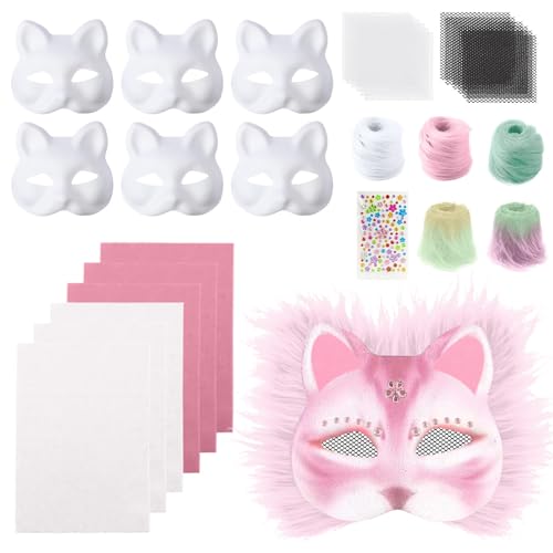 6 Stück Katzenmaske, Tier Katze Maske DIY Set Katzenmasken, Maske Kunsthandwerk Kit, DIY Blank Gesicht Maske Kostüm für Maskerade, Schminke Karneval, Maskenball von Generisch