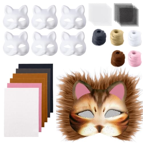 6 Stück Katzenmaske, Tier Katze Maske DIY Set Katzenmasken, Maske Kunsthandwerk Kit, DIY Blank Gesicht Maske Kostüm für Maskerade, Schminke Karneval, Maskenball von Generisch