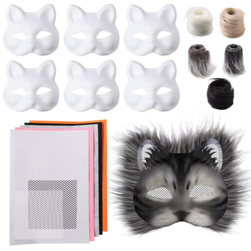 6 Stück Katzenmaske mit Augen Mesh Pelz Bart, Tier Katze Maske DIY Set Katzenmasken zu malen Filz, Maske Kunsthandwerk Kit, DIY Blank Gesicht Maske Kostüm für Maskerade, Schminke Karneval von Generisch