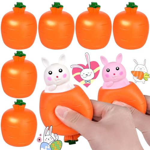 6 Stück Ostern Karotte Kaninchen Fidget Spielzeug, Quetschball für Kinder Stressabbau, Weiß Rosa Kaninchen Fidget Ball für Korb Füllungen Partygeschenke, Pop Up Spielzeug für Ostern Korb Füllungen von Generisch