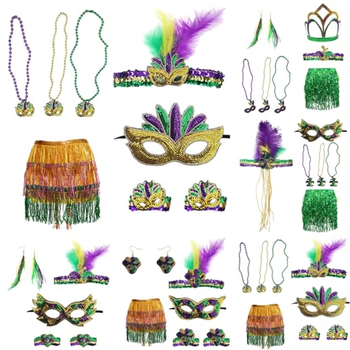 6-teiliges Karnevalskostüm-Zubehör-Set mit Tutu-Rock, Maske, Kunstfedern, Stirnband, Federboa, Mardi Gras, Perlen, Halloween, Kanival, Partyzubehör von Generisch