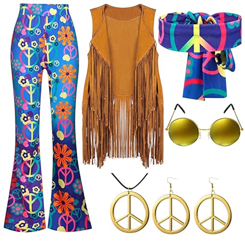 70er Jahre Damen Hippie kostüm: Hippie Kleidung 60er 70er Jahre Bekleidung - Kleid Disco Outfit Faschingskostüme Mädchen für Fasching Karneval Party 60Er Jahre Outfit Herren GanzköRper KostüM von Generisch