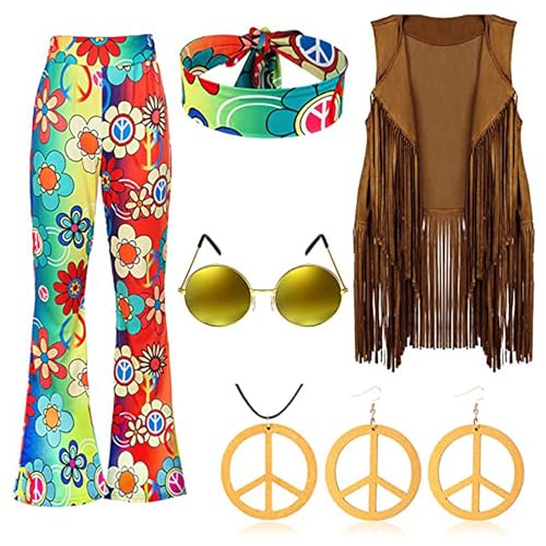 70er Jahre Damen Hippie kostüm: Hippie Kleidung 60er 70er Jahre Bekleidung - Kleid Disco Outfit Faschingskostüme Mädchen für Fasching Karneval Party Hippie Kleidung Damen Karneval KostüM 2024 von Generisch