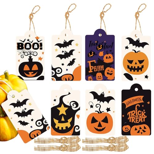 80 Stück Halloween Charm Halloween Leckerei Tags, Halloween Gruselige Anhänger mit Schnur, Kürbi Fledermaus Anhänger Halloween Papieranhänger für Halloween Dekoration von Generisch