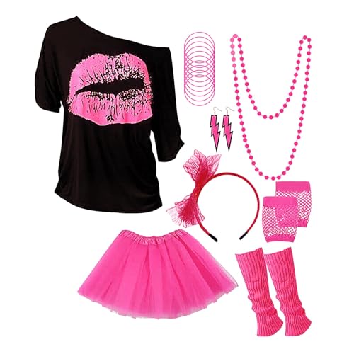 80er Jahre Outfit Damen Set, 90er 80er Jahre Accessoires Jahre Workout Kostüm Mit 80er Neon Netz Shirt Netzhandschuhe Stirnband Brille Ohrringe Halskette Kostüm Damen Fasching Overall Rock Glitzer Rot von Generisch