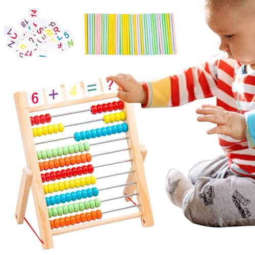 Abakus für Kinder Mathe,Klassisches Holzspielzeug zum Lernen von Vorschulzahlen - 10-reihiger Holzrahmen-Abakus mit mehrfarbigen Perlen, Zählstäbchen, Zahlen-Alphabet-Karten, Geschenk für Kleinkinder von Generisch