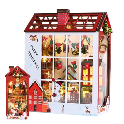 Adorable Christmas Book Nook, Decorative Miniature Wooden Bookshelf Insert Decor, Christmas Holiday Shelf Decor, 3D Wooden Puzzle Miniature House for Christmas Holiday von Generisch