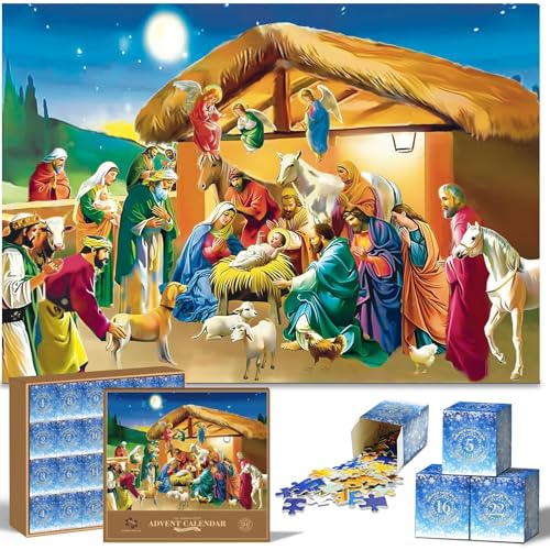 Adventskalender 2024 Weihnachtskrippe Puzzle 1000 Teile Puzzles Jigsaw Countdown Kalender für Weihnachtsgeschenke 24 Boxen Puzzles für die ganze Familie Eltern-Kind-Interaktion (B) von Generisch