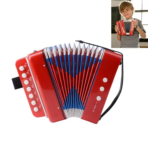 Akkordeon Kinder, Musikinstrumente Ziehharmonika, 10 Tasten Knopf Akkordeon mit Riemen, Accordion Musikinstrument Geschenk für Kinder Erwachsene Anfänger (Rot) von Generisch