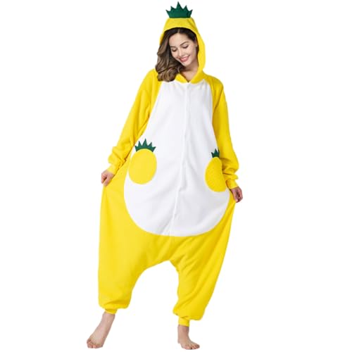 Ananas Pyjama für Damen Halloween für Erwachsene Onesies Früchte Gelb Essen Kostüm Party Karneval Cosplay Overall Anzug (M) von Generisch