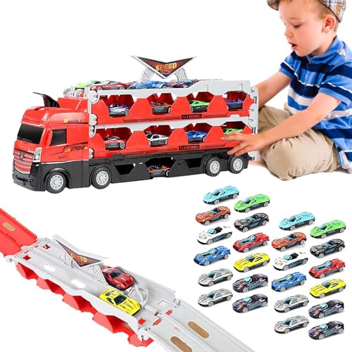 Autotransporter-LKW-Spielzeugset,Spielzeugtransporter-LKW-Set, Großer Spielzeug-Truck mit Schleuder-Rennstrecke und Mini-Rennwagen aus Legierung, Spielzeugautotransporter, Spielzeuglastwagen, Autotran von Generisch