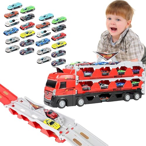 Autotransporter-LKW-Spielzeugset,Spielzeugtransporter-LKW-Set,Autotransporter mit Auswurf-Rennstrecke und Mini-Rennwagen aus Legierung | Spielzeugautotransporter, Spielzeuglastwagen, Autotransporter f von Generisch