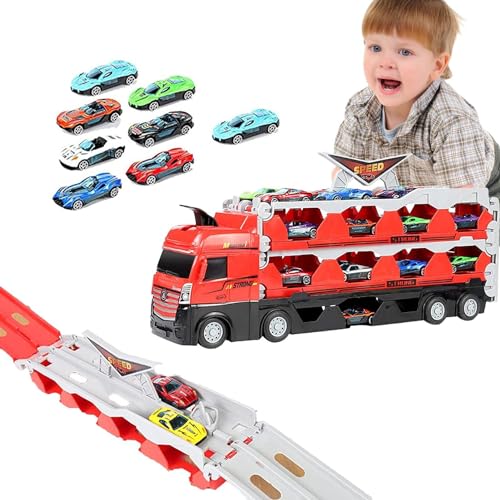 Autotransporter-LKW-Spielzeugset,Spielzeugtransporter-LKW-Set,Transport-LKW-Spielzeug mit Auswurf-Rennstrecke und Mini-Rennwagen aus Legierung - Spielzeugfahrzeugtransporter, Autotransporter, lustiges von Generisch