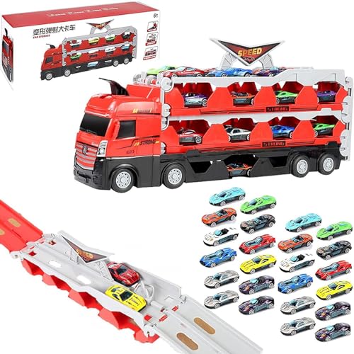 Autotransporter-LKW-Spielzeugset,Spielzeugtransporter-LKW-Set | Großer Spielzeug-Truck mit Schleuder-Rennstrecke und Mini-Rennwagen aus Legierung,Kinderspiel-LKW, Transporter-LKW-Spielzeugset für Kind von Generisch