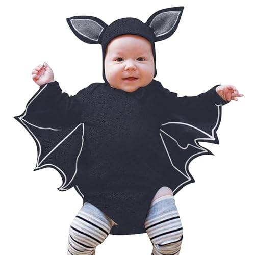 Babykleidung 62 Junge Baby Fledermauskostüm Mein 1. Halloween-Outfit Neugeborenes Baby Junge Mädchen Kostüm Schwarzer Fledermaus Langarm Strampler Body mit Mützen Weihnachten (Dark Gray, 12-18 Months) von Generisch