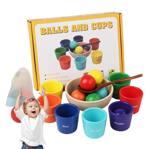 Bälle in Tassen Spielzeug, Farbsortierspielzeug für Kleinkinder, Aktivitätswürfel aus Naturholz mit Organizer-Tasche, Frühes Entwicklungsspiel mit 7 Bällen und 7 Bechern, multifunktionales Matching- von Generisch