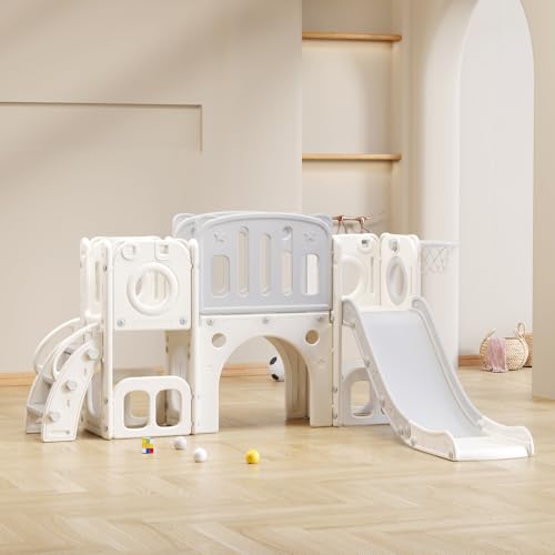 Bären Kinder 6-in-1 Rutsche mit Einer Rutsche, Zwei Plattformen, Zwei Bodenschrankfächern, Basketballkorb und Treppe - Hochdichtes Polyethylen (Ozeanbälle Nicht enthalten (Grey+White + HDPE) von Generisch