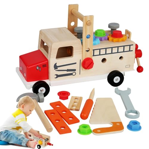 Bauwerkzeuge aus Holz, Holzwerkzeugset für Kinder - Holz-Rollenspiel-Werkzeugkasten,Lernspielzeug für Kinder, STEM-Bankspielzeug, Konstruktionsspielspielzeug mit Schraubendreher und Hammer für Geburts von Generisch