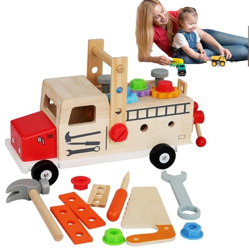 Bauwerkzeuge aus Holz, Holzwerkzeugset für Kinder - Holz-Rollenspiel-Werkzeugkasten - Pädagogisches Vorschul-Konstruktionsspielzeug, Bankwerkzeug-Spielset mit Schraubendreher und Hammer für Kinder ab von Generisch